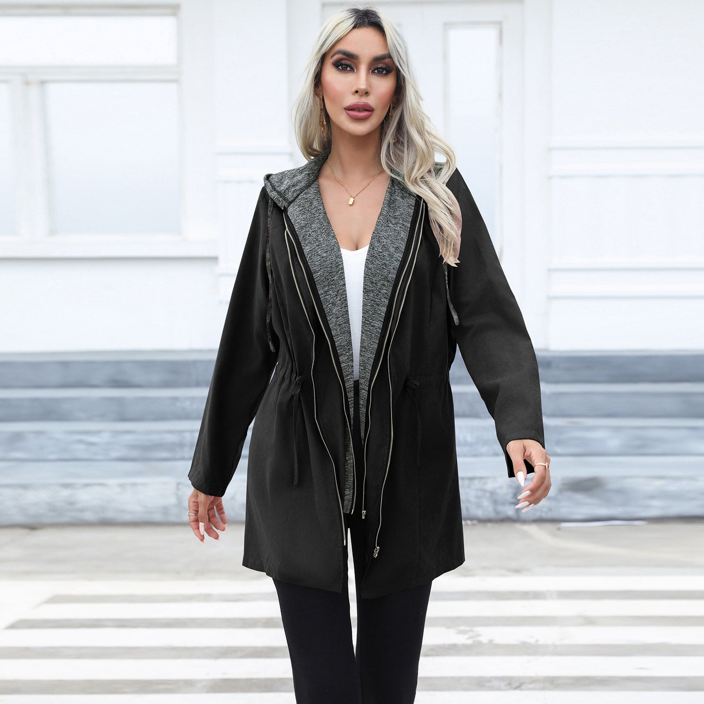 Women Clothing Casual Waist Tight Double Zipper Contrast Color Coat Mid Length Long Sleeve Hood Windbreaker Explosion