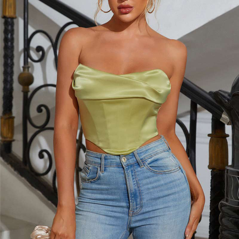 Verano mujeres Sexy pila Collar envuelto pecho recortado chaleco corto Top pequeño deshuesado corsé deshuesado corsé