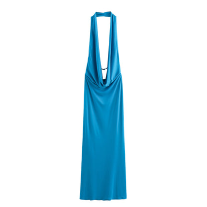 Ropa de mujer verano vacaciones en la playa vestido Sexy sin espalda Color sólido ajustado Maxi vestido plisado con cuello colgante