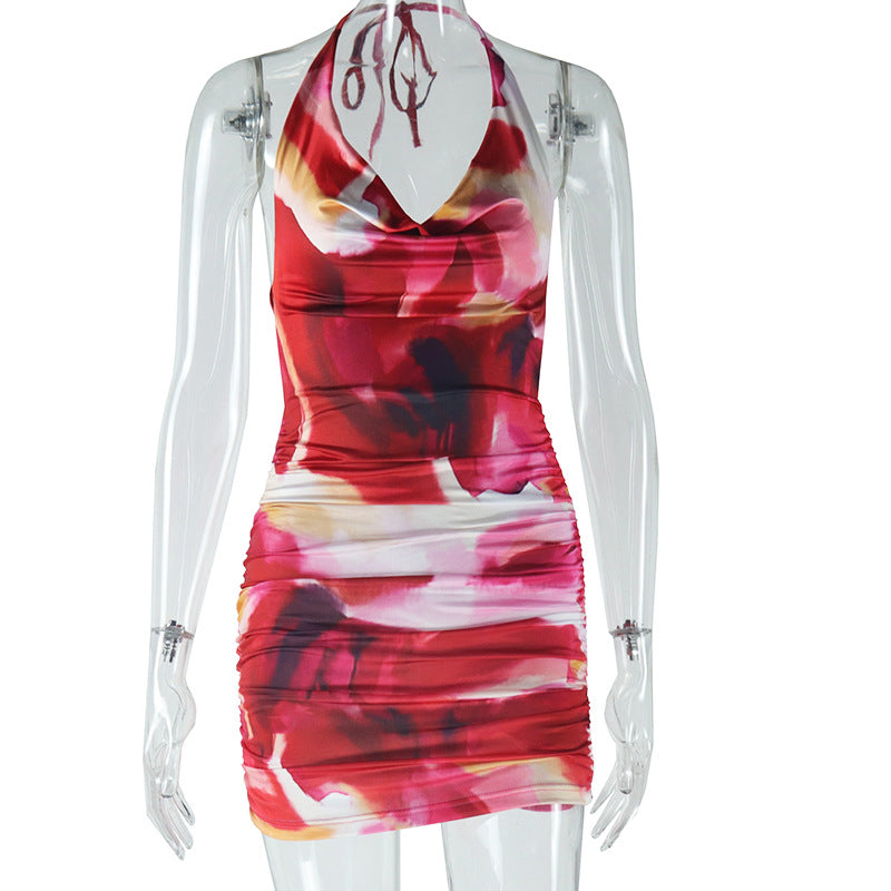 Vestido estampado de mujer Sexy cuello oscilante Halter con cordones vestido de cadera sin espalda