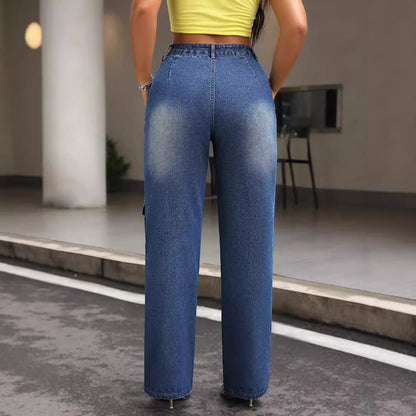 Women Clothing High Waist Work Clothes Pocket Slimming Jeans Trousers