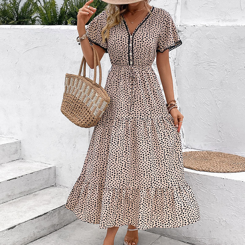 Vestido midi con estampado de leopardo de manga corta de verano para mujer