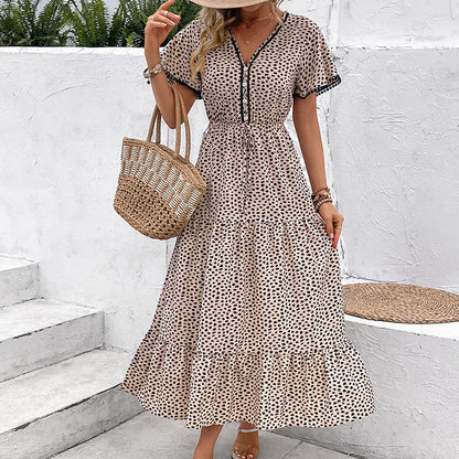 Vestido midi con estampado de leopardo de manga corta de verano para mujer