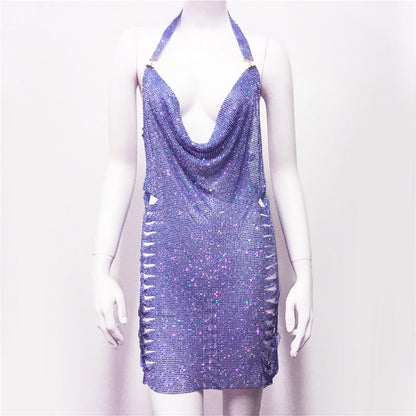 Ropa de mujer, vestido Popular de Metal con diamantes de imitación, vestido Sexy para fiesta y discoteca, vestido Halter para mujer