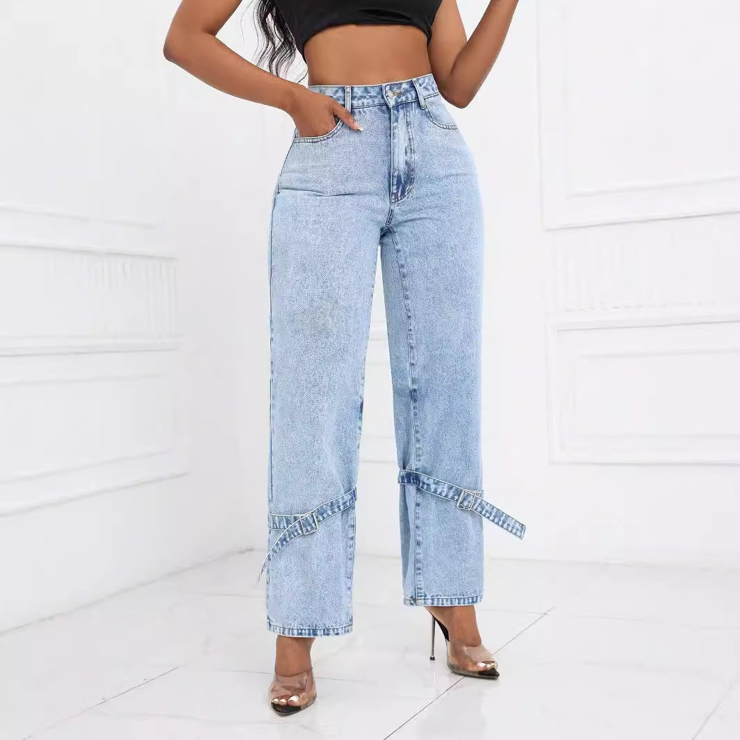 Women Clothing Straight Loose High Waist Jeans Trousers