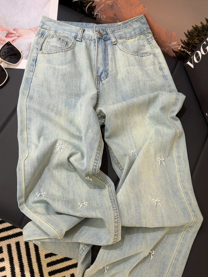 Women Bow Jeans Summer Pants Small Distressed Figure Flattering High Waist Loose Wide Leg Pants