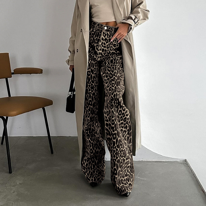 Summer Retro Street Loose Low Waist Leopard Print Trousers Cotton Wide Leg Pants Casual Pants Women