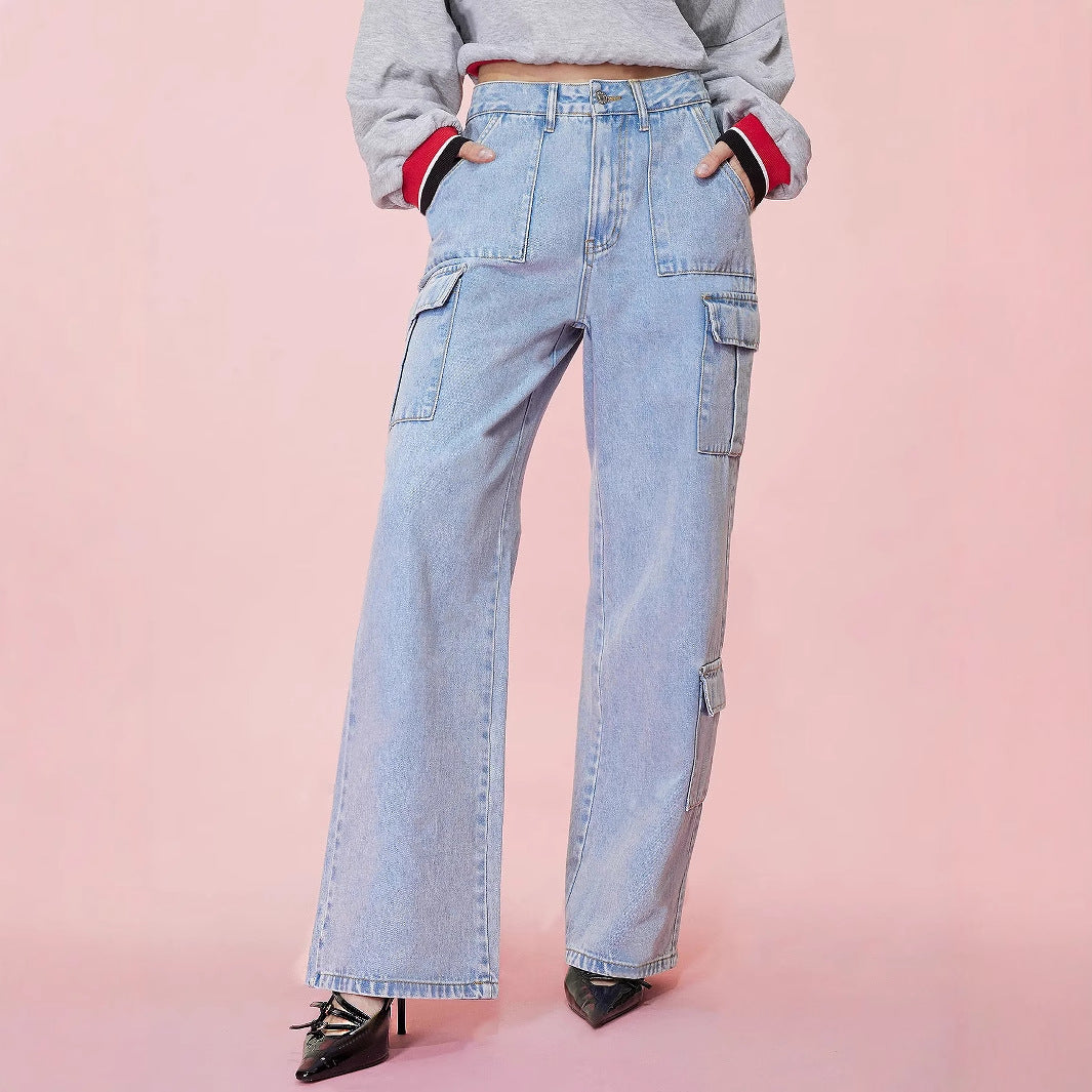 Women Clothing Straight Loose Wide Leg High Waist Tooling Large Pocket Denim Trousers