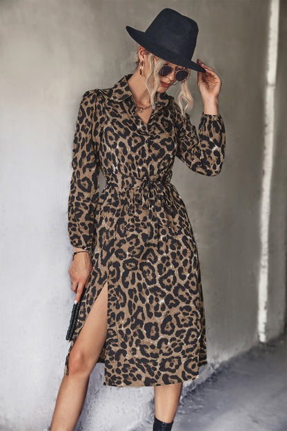 Autumn Winter Women Clothing Classic Sexy Leopard Print Long Sleeve Split Dress