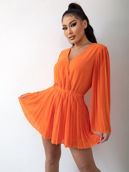 Women Clothing V neck Pleated Romper