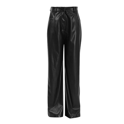 Pantalon de bureau ample et élégant en cuir mat doublé polaire vintage français pour femme, coupe slim, taille haute, noir, assorti