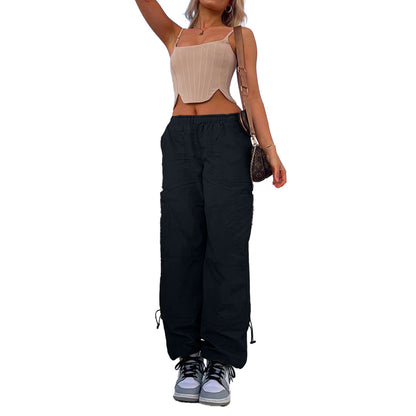 Women Clothing Loose Tied Multi Bag Straight Stretch Workwear Casual Pants