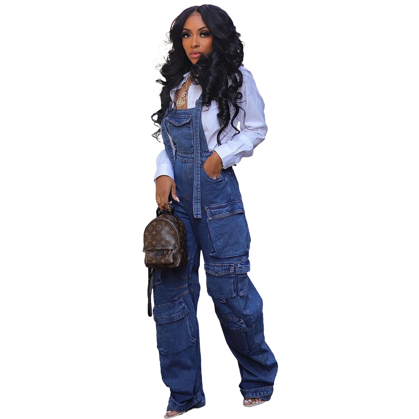 Women Sexy Washed Denim Loose Multi Pocket Suspenders Pants