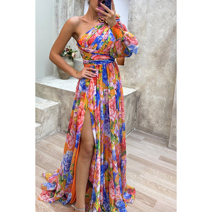 Autumn Winter Party Casual Split Dress Loose Multi Color Oblique Shoulder Dress