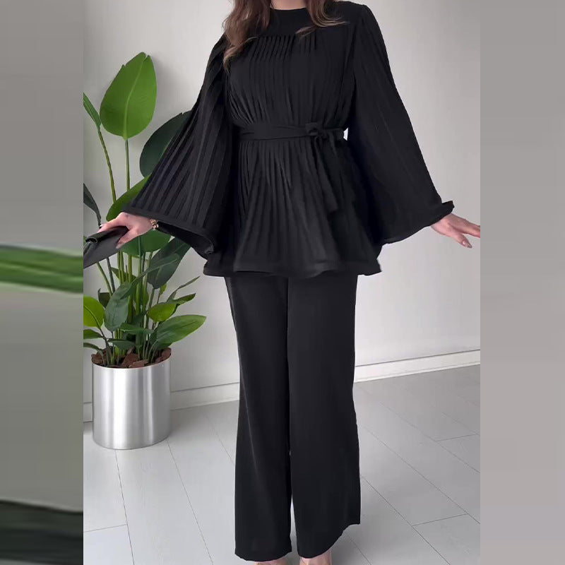 Crew-neck Batwing Sleeve Pleated Large Swing Top Elegant Suit