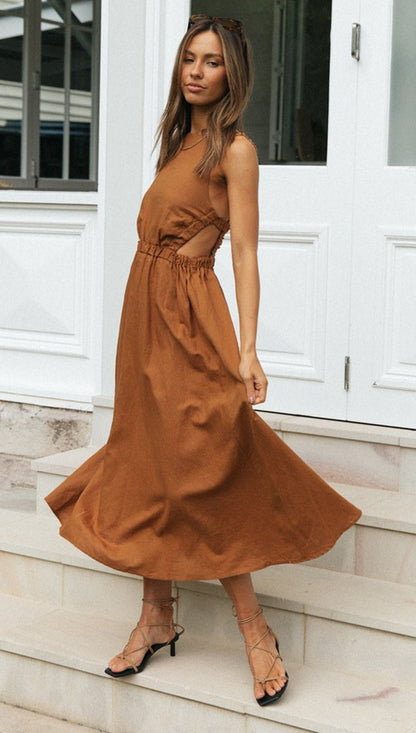 Women Solid Color Sleeveless round Neck Sexy Backless Maxi Dress Large Swing Dress