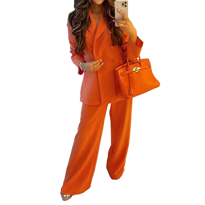 Autumn Winter Solid Color Blazer Casual Wide Leg Pants Suit