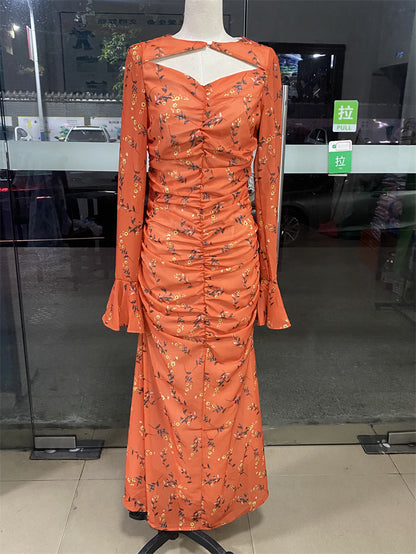 Vestido largo plisado de gasa con estampado avanzado para mujer Primavera Verano