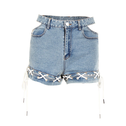 Short en jean pour femmes, taille d'été, ourlet découpé, corde tressée, ample, assorti à tout, taille haute, jambes larges