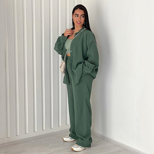 Casual Women Clothing Spring Solid Color Loose Shirt Top Wide Leg Pants Two Piece Set