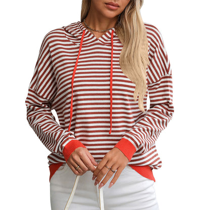 Autumn Winter Women Clothing Striped Contrast Color Long Sleeves Casual Sweater Hoodie for Women