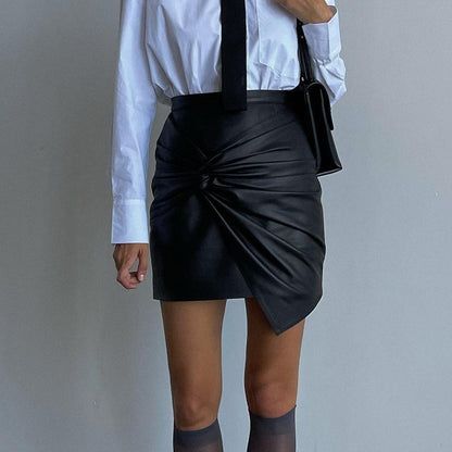 Women Clothing Autumn Winter Street Ruffle Hip Skirt Leather Skirt