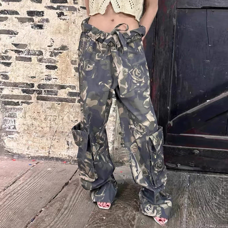 Camouflage Pocket Patchwork Cargo Pants Women Sexy Retro Distressed Light Woven Casual Straight Pants