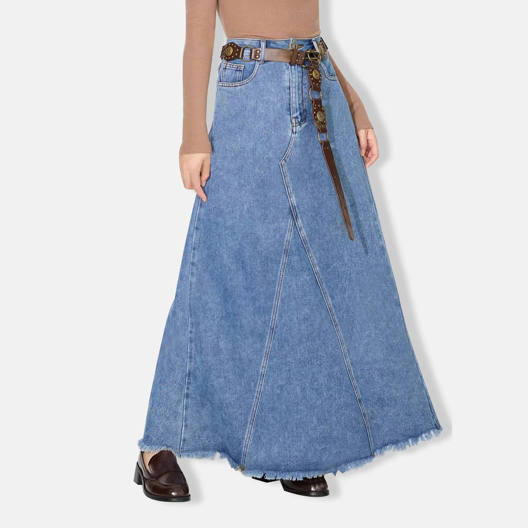 Jupe longue décontractée taille haute en denim rétro pour femme