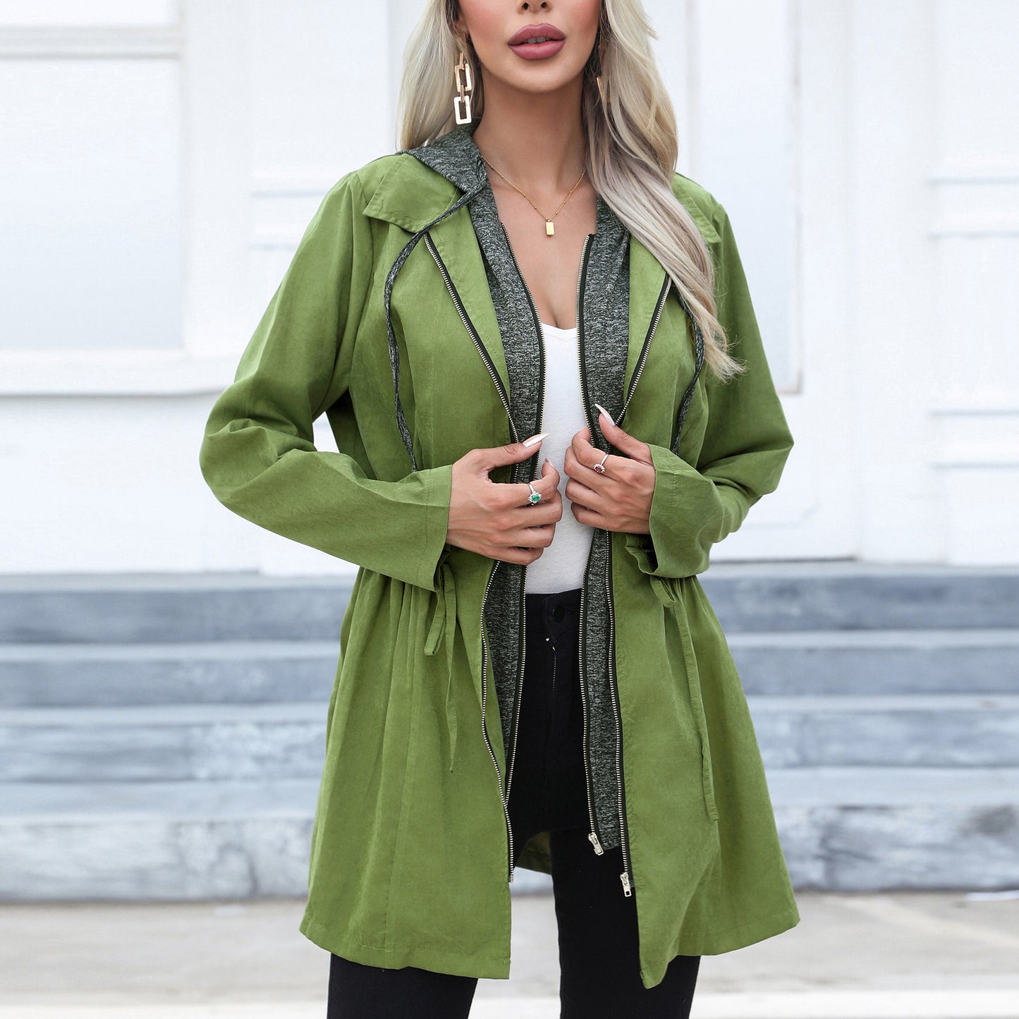 Women Clothing Casual Waist Tight Double Zipper Contrast Color Coat Mid Length Long Sleeve Hood Windbreaker Explosion