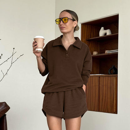 Autumn Casual Elegant Brown With Velvet Long Sleeve Knitted Fleece Shorts Two Piece Retro Easy Matching Suit