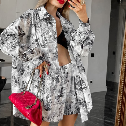 Autumn Vacation Casual Printed Long Sleeve High Waist Shorts Suit Russian Four Sided Stretch Collared Women Wear