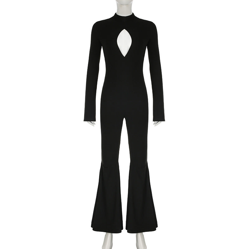 Women Wear Sexy Slim Fit Hollow Out Cutout out Long Sleeve Jumpsuit Hip Mop Flared Pants Jumpsuit