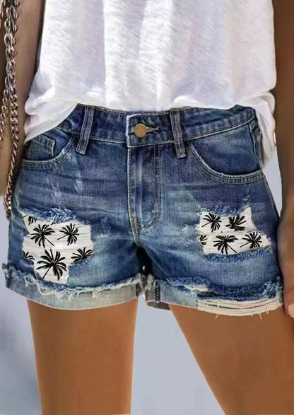 Jean déchiré taille haute pour femmes, short en Denim imprimé avec Patch Hipster de rue