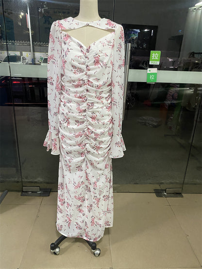 Vestido largo plisado de gasa con estampado avanzado para mujer Primavera Verano