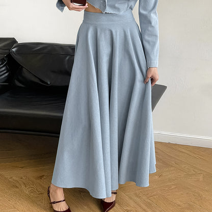 Autumn Winter Retro Elegant Blue Cotton Linen Loose High Waist Ankle High Skirt Minimalist Casual Skirt