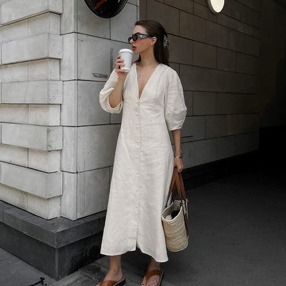 Robe longue française en coton et lin Beige pour femmes, manches bouffantes, dos nu, ample, col en V, été