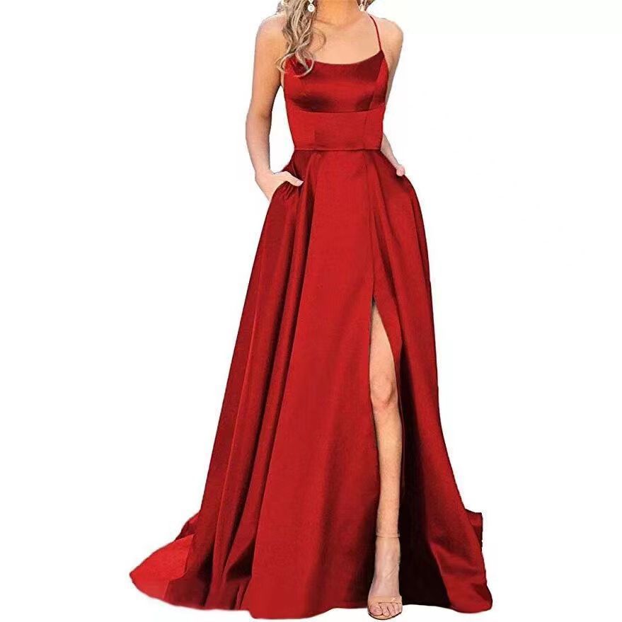 Robe de demoiselle d'honneur longue robe Maxi petite sangle traînante couleur unie robe de soirée cocktail