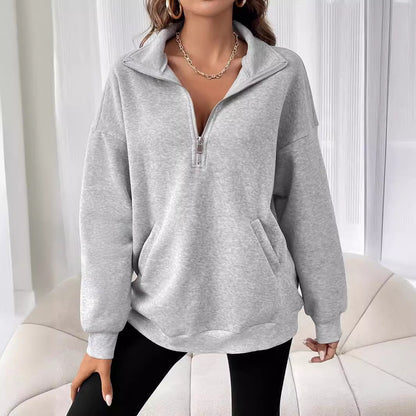 Pull décontracté à col zippé pour femme, couleur unie, automne et hiver