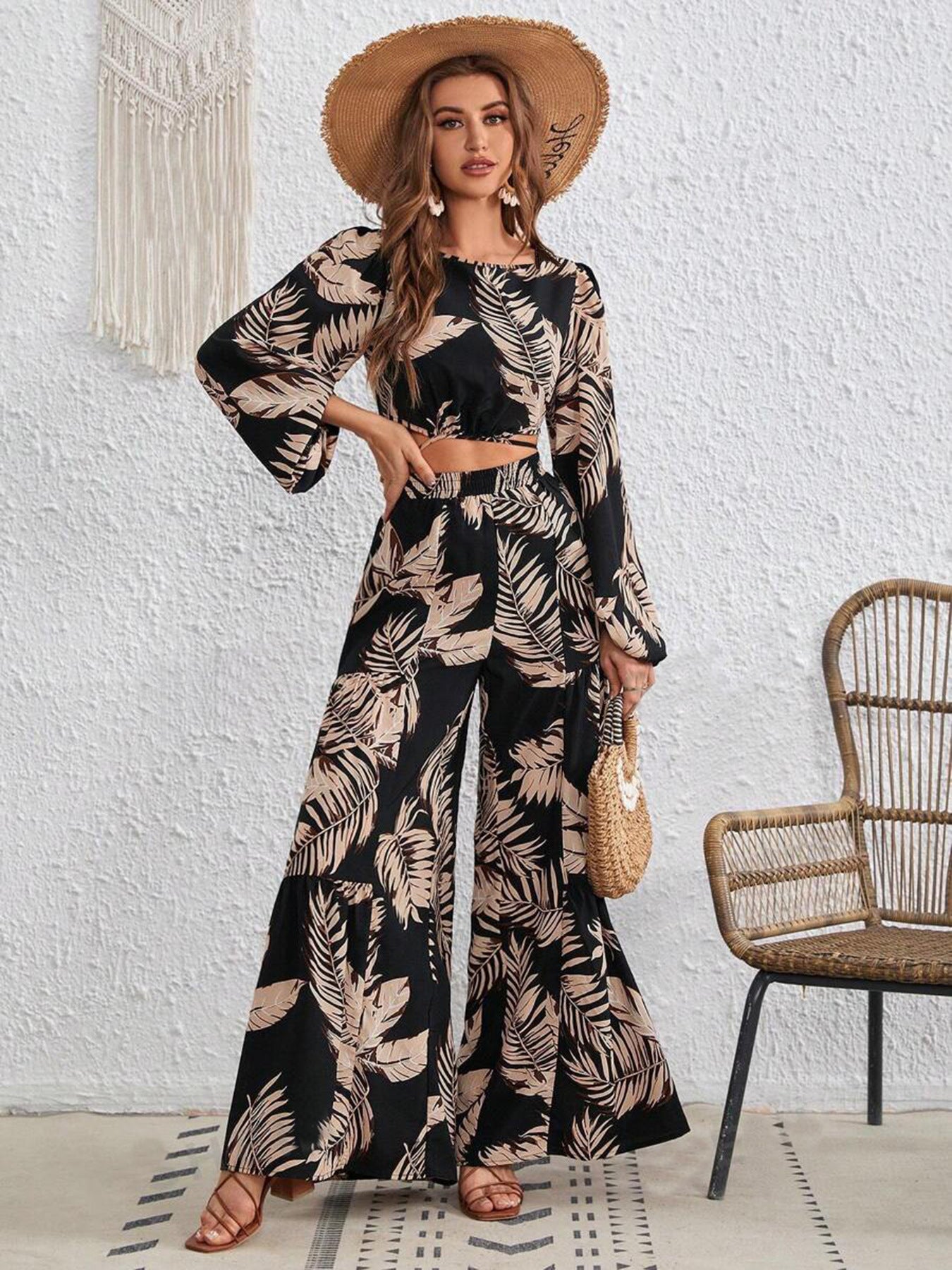 Women Tropical Printing Back Lace Up Cutout Bishop Sleeves Top Wide Leg Pants