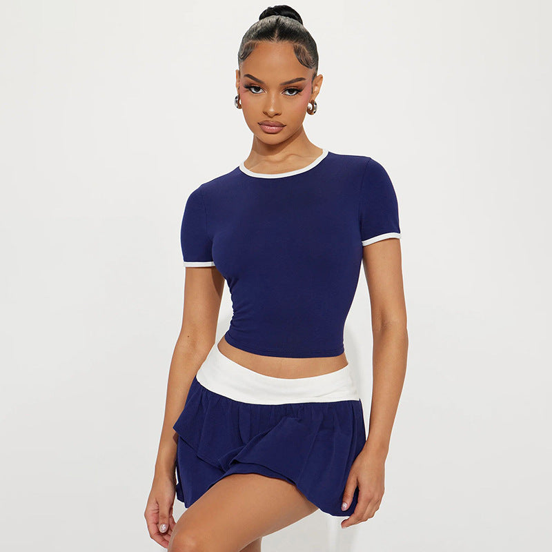 Women Clothing Color Contrast Sports Top Exposed Cropped Low Waist Skirt Outfit