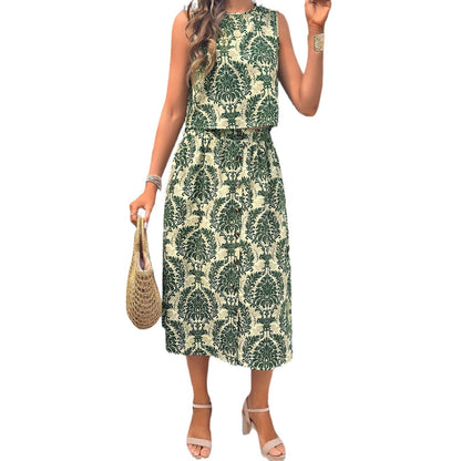 Women's Fashion Temperament Leisure Printed Vest Mid-length Dress Set