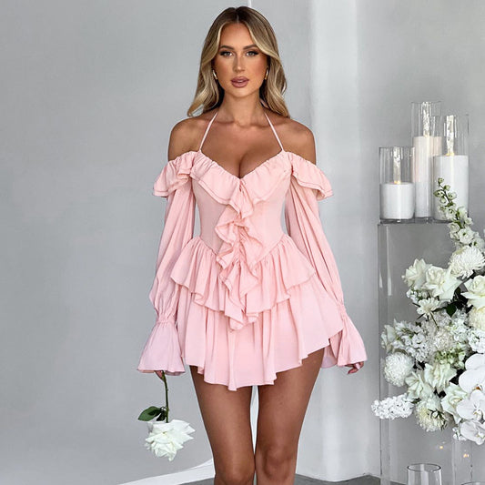 Women Clothing Autumn Sexy Halter Low Cut Ruffled Long Sleeve Romper