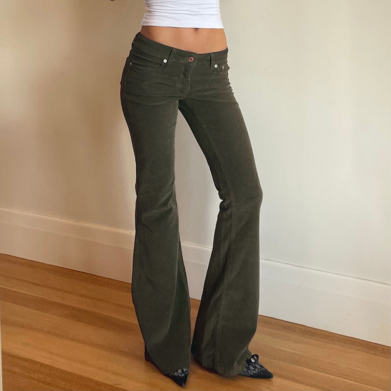 Early Winter Retro Sexy Low Waist Slimming Bootcut Pants Women's Simple All Match Solid Color Corduroy Casual Pants