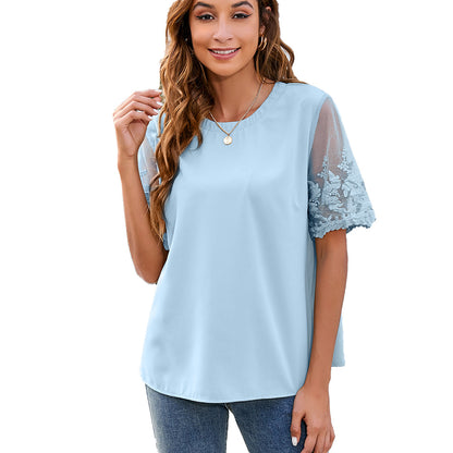 Ropa de mujer Camisa de encaje con cuello redondo Blusa de gasa Top de mujer