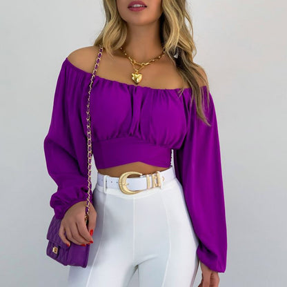 Top Women Solid Color Cropped Exposed Lantern Sleeve off Neck Sexy Lacing Puff Sleeve Shirt