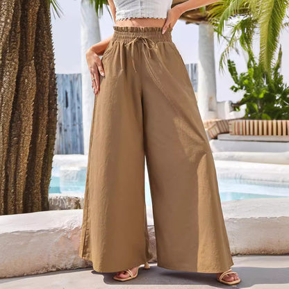 Pantalones anchos de lino y algodón con cintura alta y estilo bohemio para mujer de verano