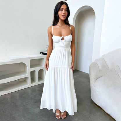 Autumn Lace up Waist Controlled Maxi Dress Strap Backless a Swing Holiday Dress Women Clothing