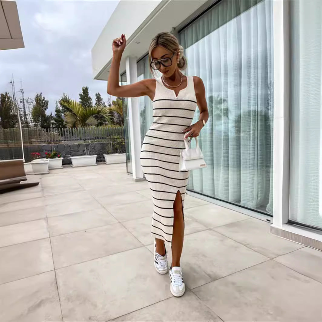 Summer Sexy Striped Knitted Skinny Hip Sleeveless Split Office Nightclub Mid Length Dress