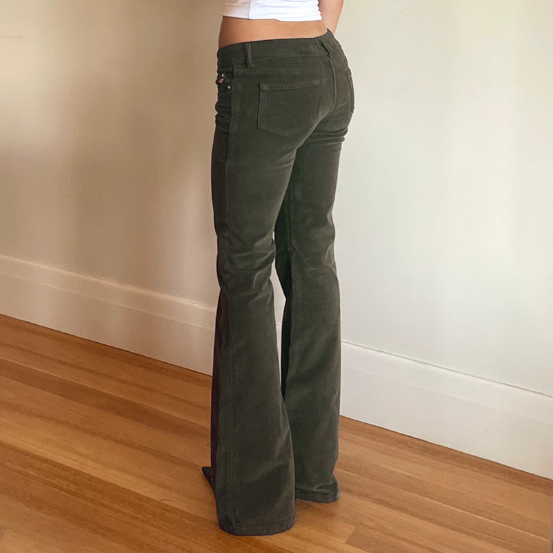 Early Winter Retro Sexy Low Waist Slimming Bootcut Pants Women's Simple All Match Solid Color Corduroy Casual Pants