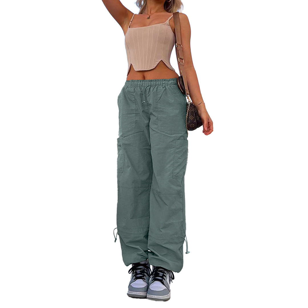 Women Clothing Loose Tied Multi Bag Straight Stretch Workwear Casual Pants